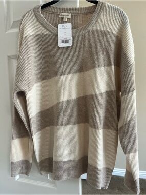Hem & Thread Cream and Beige Striped Crewneck Sweater